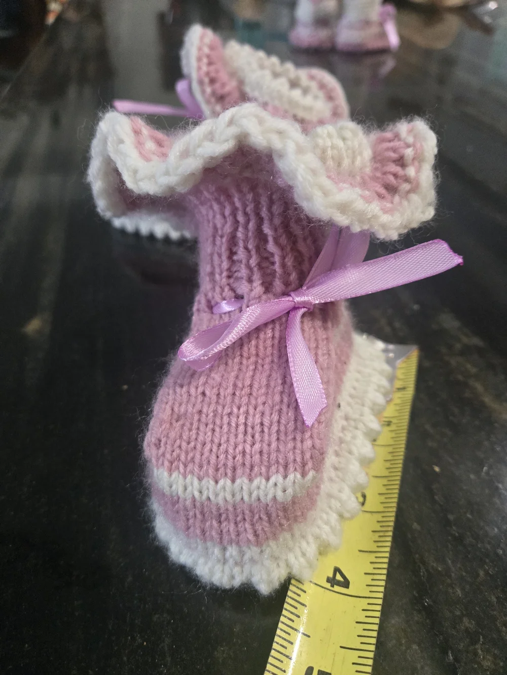 Hand-Knit Baby Booties with Ribbon - Pink and White